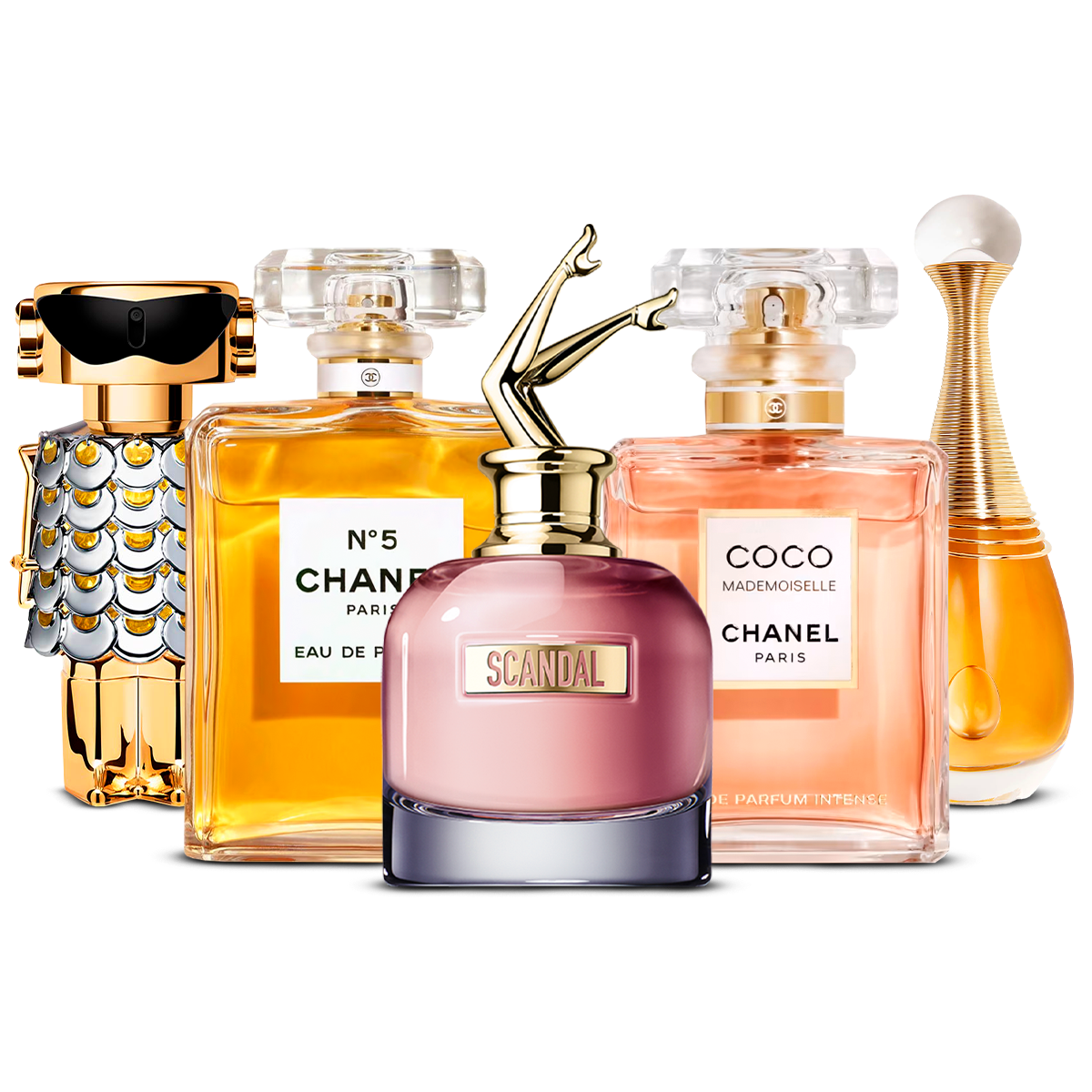 Combination of 5 women's perfumes – Fame, Chanel Nº5, Scandal, Coco Mademoiselle and J'adore [100 ml each]
