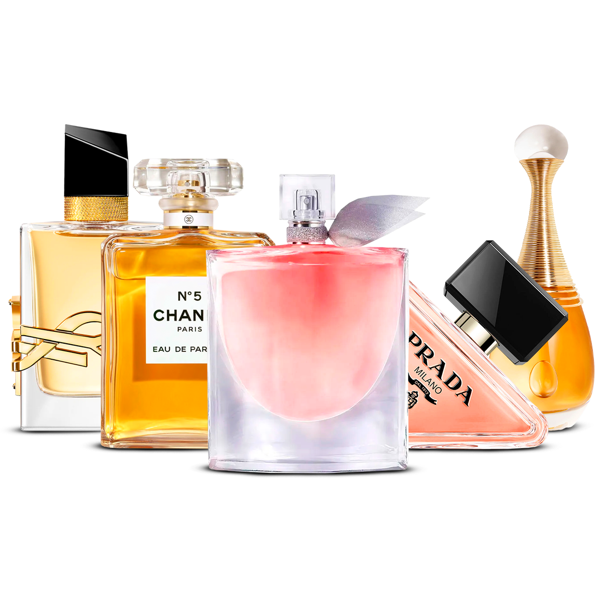 Combination of 5 women's perfumes – Yves Saint Laurent Libre, Chanel Nº5, La Vie Est Belle, Prada Paradoxe and J'adore [100 ml each]